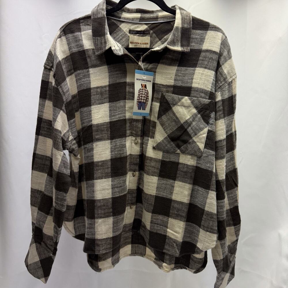 Scotch & Soda Women's Brown Ivory Plaid Flannel Button-Up Shirt Size Large NWT